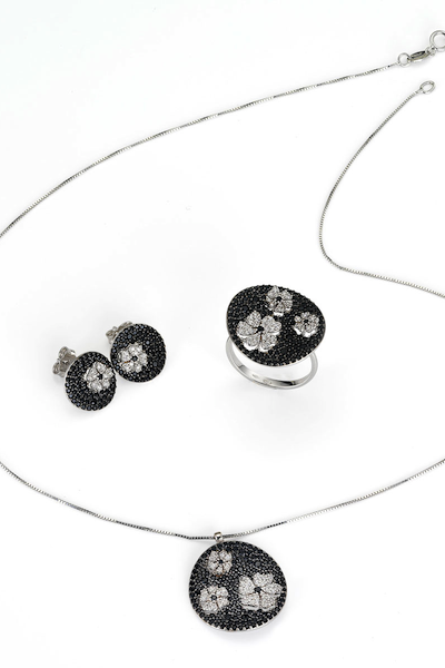 parure argento fiori neri