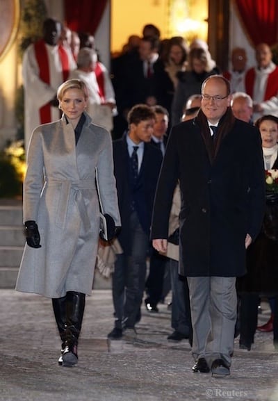Prince Albert II of Monaco and his wife Princess Charlene leave Sainte Devote church during the traditional Sainte Devote celebration in Monaco