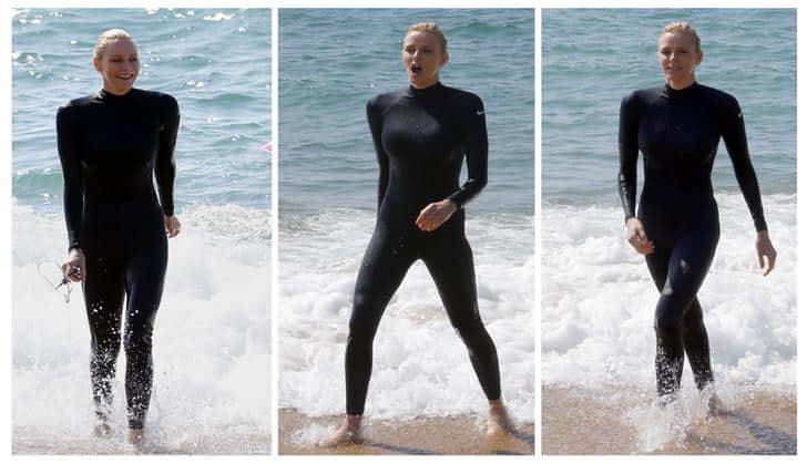 A combination photo shows Princess Charlene of Monaco walking on the beach during a swimming event for her foundation in Capbreton