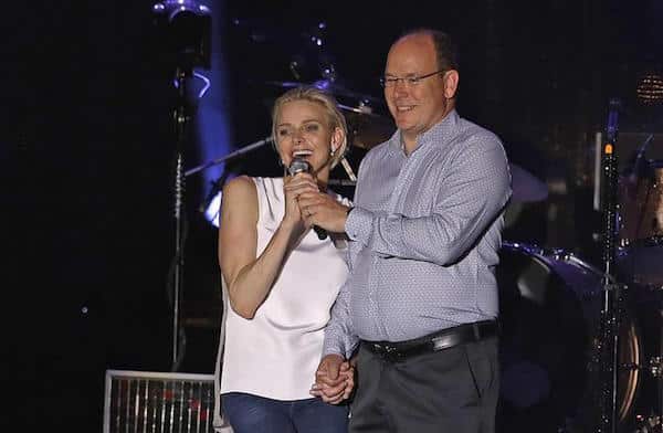 Principe  Alberto II of Monaco and Princess Charlene announce British singer Robbie Williams before a concert to celebrate the tenth anniversary of the reign of Albert II