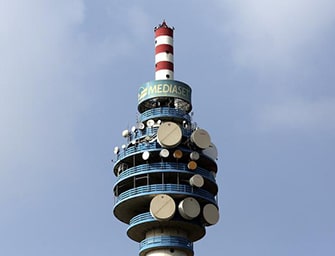 The Mediaset tower is seen in Cologno Monzese neighbourhood Milan