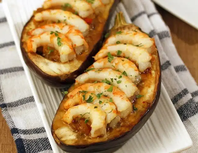 Melanzane ripiene al forno gamberi e pomodori