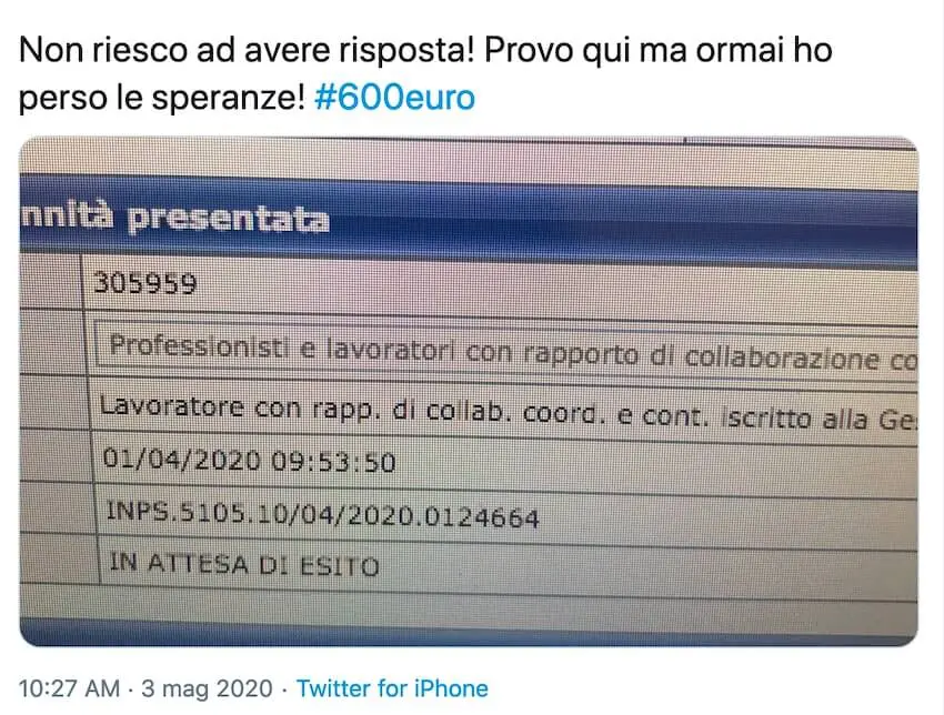 twitter Inps 600 euro marzo