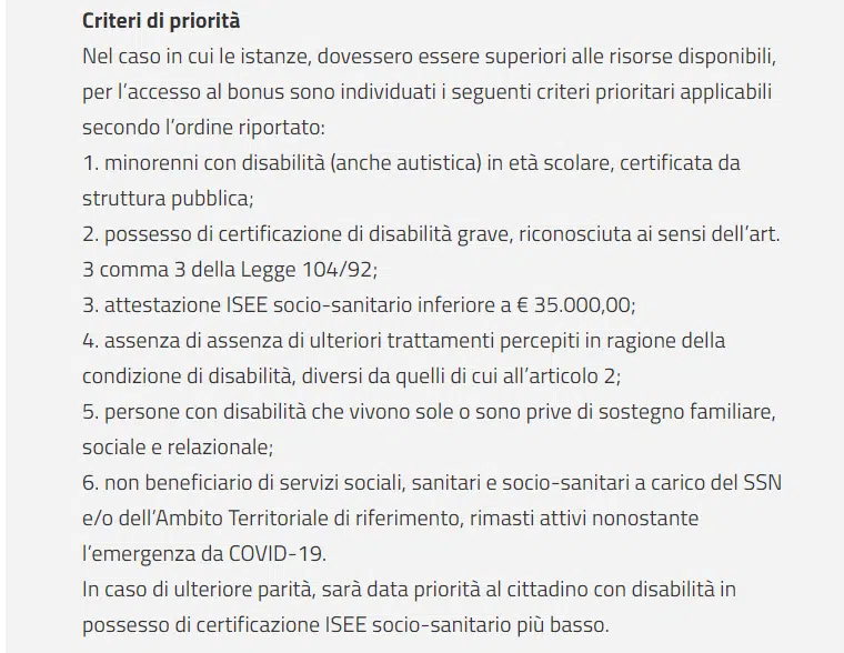 Criteri graduatorie assegnazione bonus disabili regione Campania