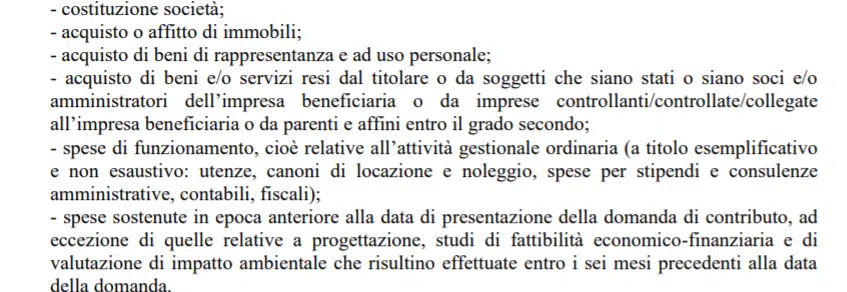 spese non ammesse finanziamenti imprese Roma