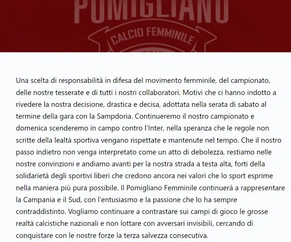 comunicato Pomigliano femminile