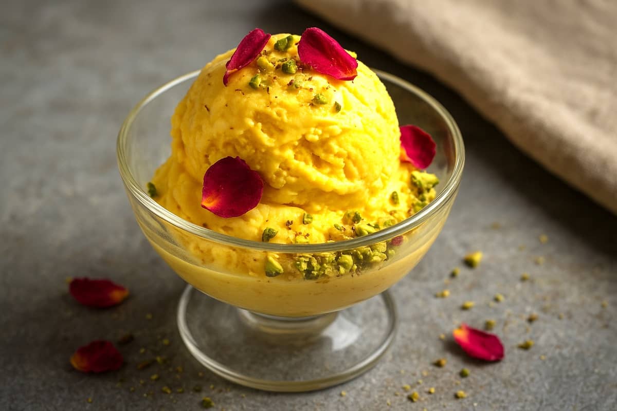 bastani sonnati: gelato persiano allo zafferano, acqua di rose e pistacchi, servito in coppa.