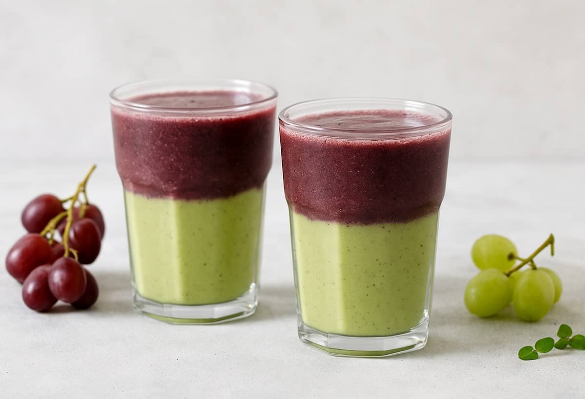 frullato uva e avocado servito in bicchiere