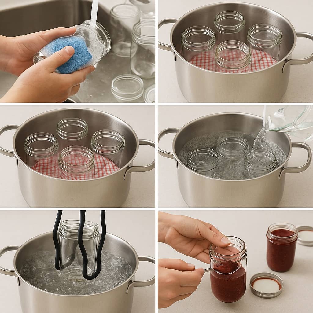 Sterilizzazione dei vasetti in 6 passaggi: lavaggio, preparazione pentola, riempimento d’acqua, bollitura, estrazione con pinze, riempimento e chiusura.