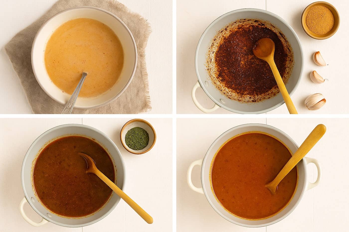 Step-by-step della zuppa con tarhana turca: tarhana secca, base di pomodoro, aggiunta del brodo e zuppa cremosa pronta