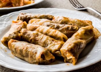 Involtini di cavolo turchi con riso e spezie serviti su piatto bianco – Lahana Sarması
