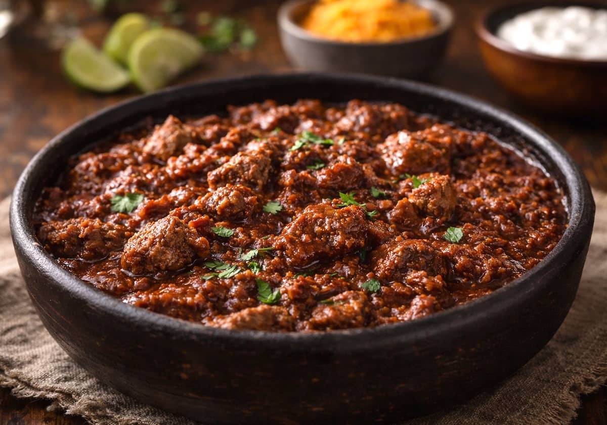 Chili con carne tradizionale: stufato di manzo denso e speziato, senza fagioli