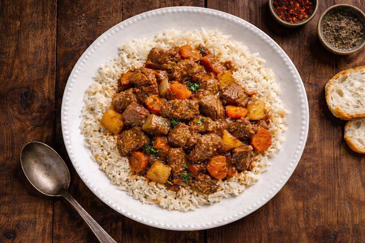 Tas kebabı: stufato turco di manzo con patate e carote servito su riso pilaf, foto dall’alto