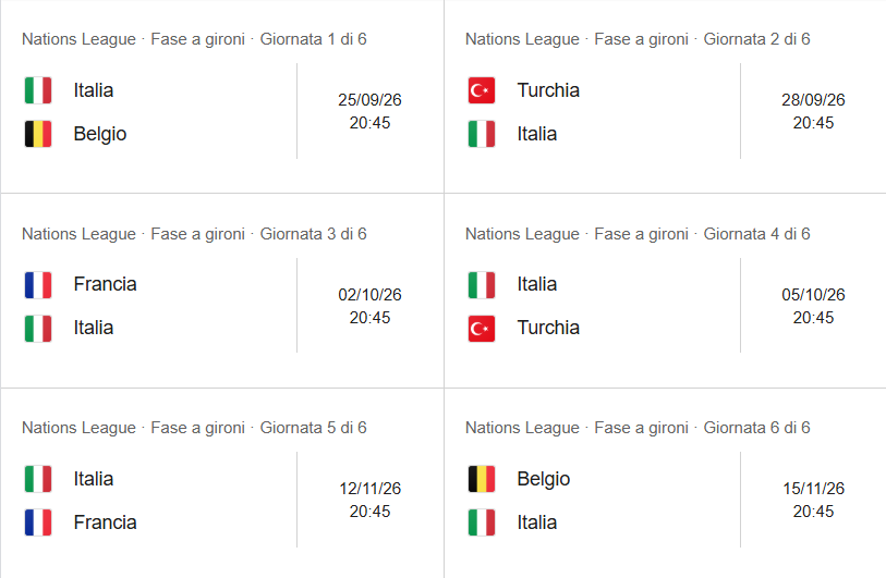 prossime partite italia nations league