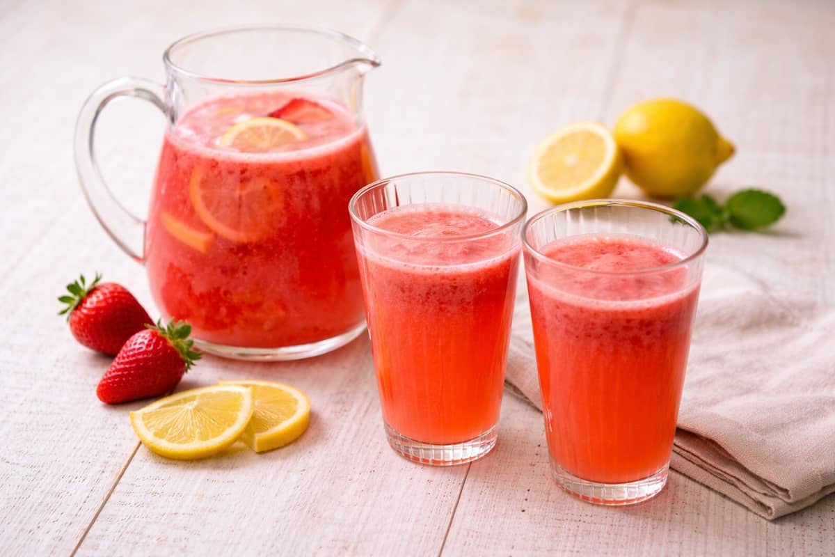 Limonata alla fragola fatta in casa con fragole fresche limone e caraffa di vetro