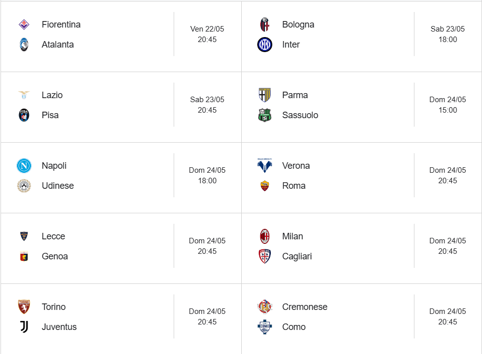 date e orari partite ultima giornata serie a